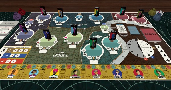 Board and pieces of the game Shanghai Noir.