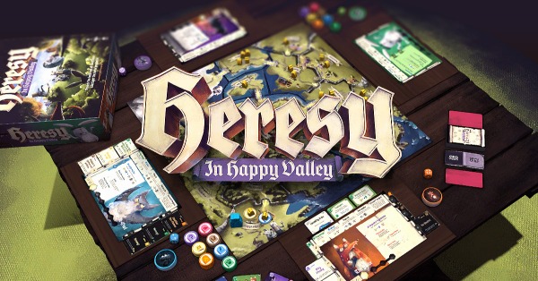 A four player game of the tabletop game Heresy in Happy Valley set up on a wooden table