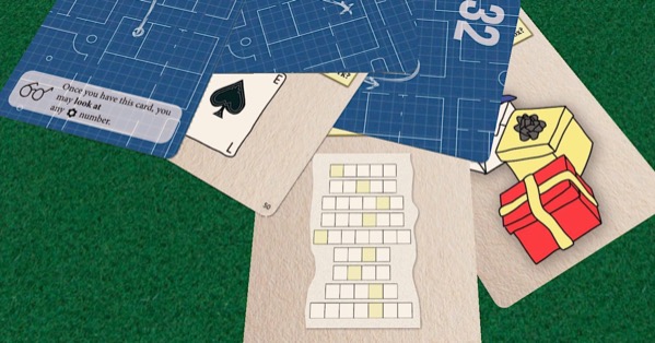 Scattered playing cards depicting word and picture puzzles