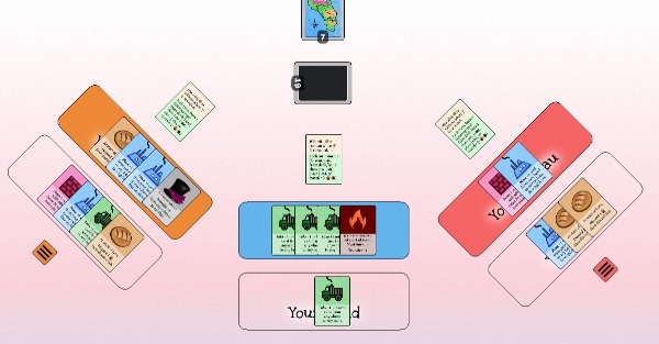 Three players playing bread.  One player is hoarding bread while another is on fire.