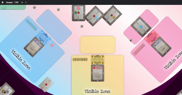 Three players playing Persuasion, with various revealed and shared cards, and some discards.