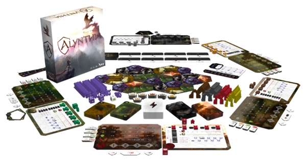 The components of the board game Alynthia set up