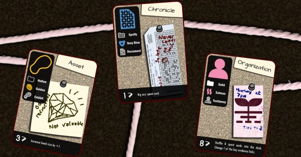 3 pieces of evidence strung together with string, an asset diamond drawing, a chronicle timecard, and an organization's calling card.