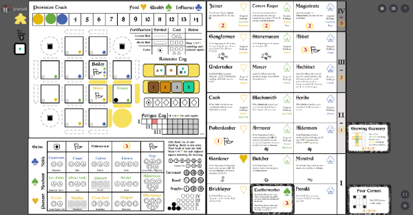 The image is a persons play area mid-game. It consists of a Castle page, Building page and Artisan page.