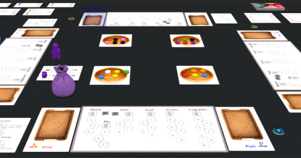 Four player mats, a bag to draw tokens, and 4 basket tiles with 5  circular tokens each