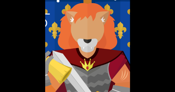 a lion royal recruiter with a white sword and two blue flags