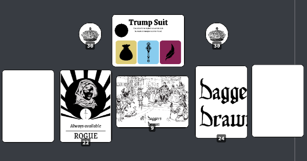 Close up of At Daggers Drawn set up with card backs and tokens.