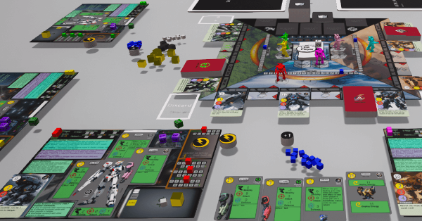 Game board and player mat with components such as cards, cubes, tokens and dice in the middle of a play