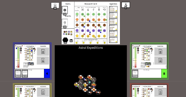 A black space board with tiles representing systems and events, player boards tracking knowledge and discoveries, and a common board tracking player research and solutions to home world issues