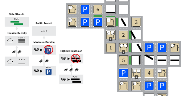Tile based city depicting roads, housing, and destinations