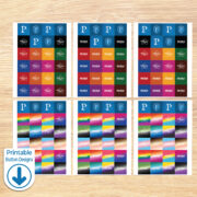 ambassador-kit-printables-button--design-pages-bottom-left-tag 6 printable sheets of People Make the Playtest and Protospiel Online Logo 1.25 inch button pin designs, each sheet has 24 button designs and has a different combination and arrangement of designs, labeled with a "printable button designs" download symbol