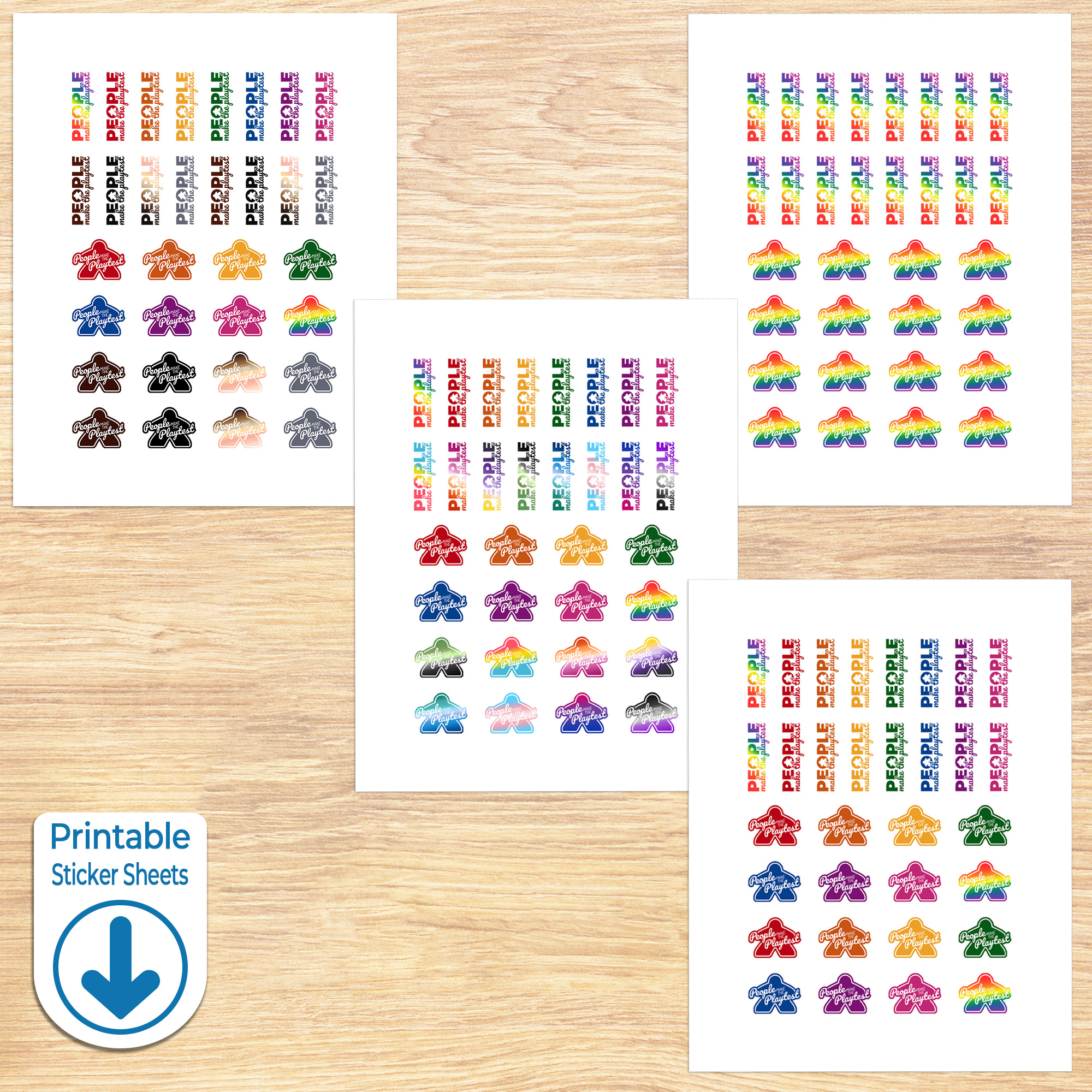 ambassador-kit-printables-sticker-pages-bottom-left-tag 4 printable sheets of People Make the Playtest Stickers, each sheet has 16 stickers with an outer shape of a meeple and 16 with a meeple in the O of "People" and has a different combination and arrangement of colors, labeled with a "printable sticker sheets" download symbol