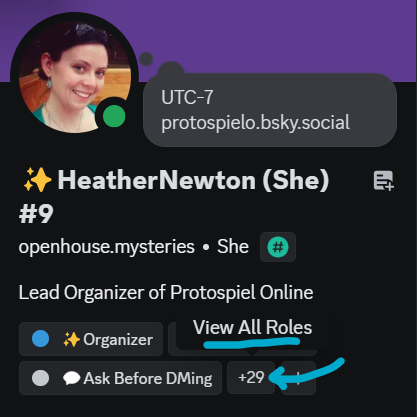 a screenshot of a member's server profile with an arrow to the + button for the View All Roles option