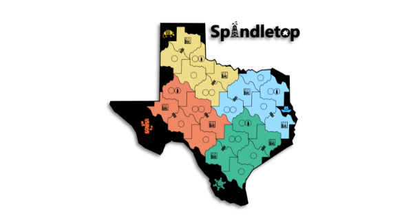 Map of Texas made of smaller Texas-shaped tiles called Texagons, with the name Spindletop in the top right.