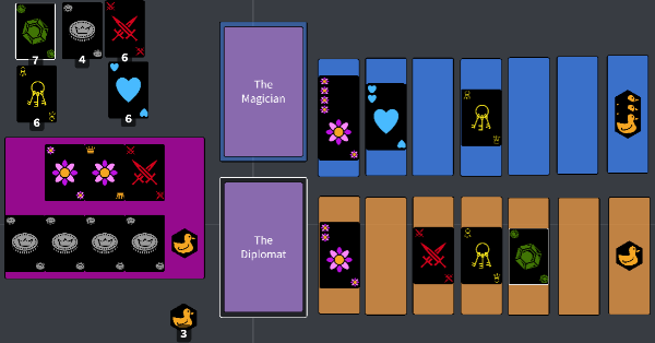 Left: Card piles along with two rows presentings different cards. Right: Columns containing the amount of cards each player has collected