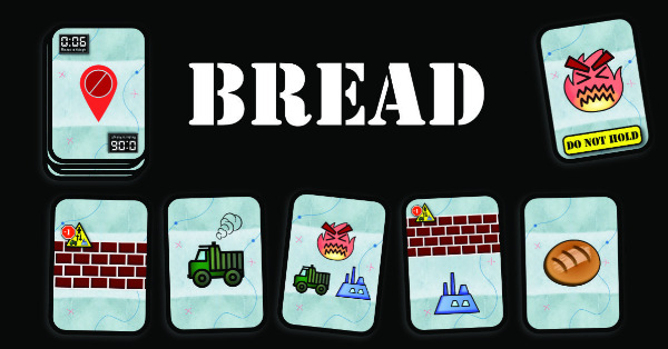 A tableau of cards consisting of obstructing walls, quelling bread, building mills, gathering trucks, consuming and displacing fire, and a deck with a map icon and a small clock.