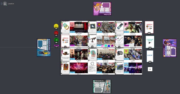 This is the starting staging for a four player setup with all the convention center tiles laid out, Merch cards and selfie tiles distributed and ready to start