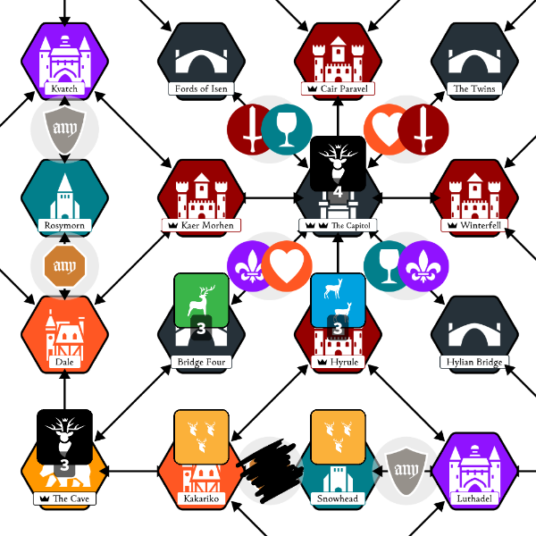 A map of the realm with castles, villages, cities and bridges to seize control of