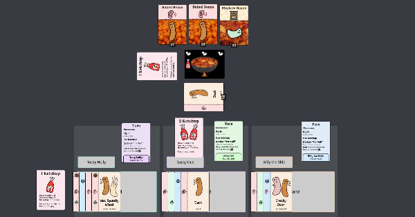 Three people with a variety of farts of different loudness, smelliness, length, and wetness as determined by bean cards collected from 3 bean piles with a pot of beans below it.  Also they have ketchup.