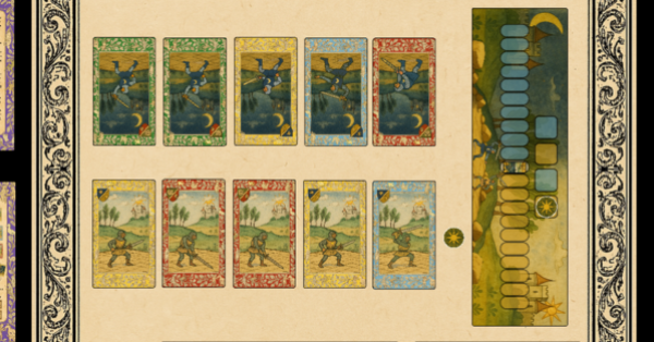 Play area for Parry, the fast paced card game about a knight's duel.