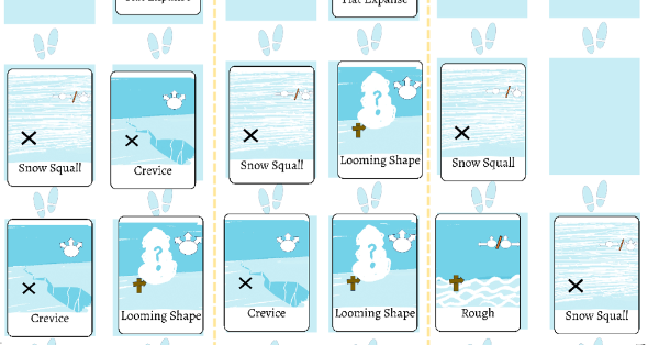 A few cards are laid out on a table. The cards together make a panorama of a snowy landscape and have snowghouls and trees on them.