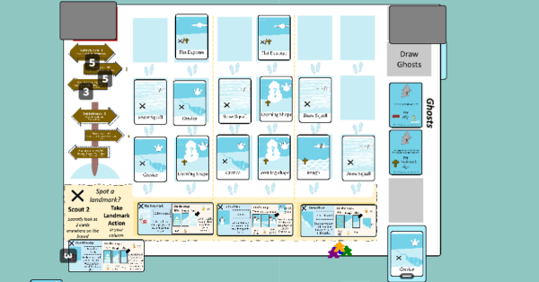 A white and blue game board with cards laid out on top of it. The cards say things like 