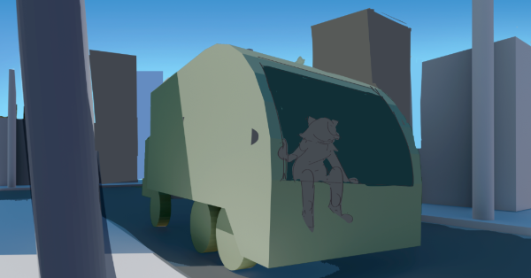 Raccoon stealing a rid on a garbage truck to the junkyard