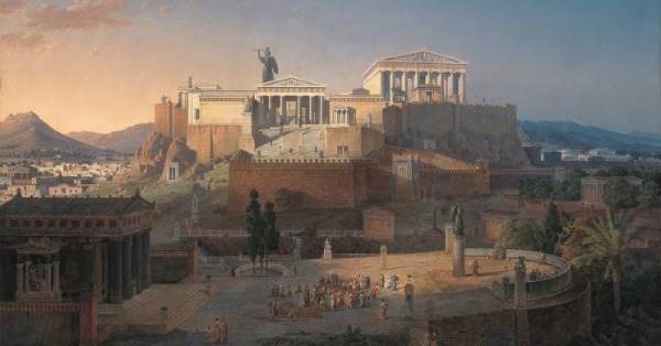 The Acropolis of Athens with philosophers milling in the agora