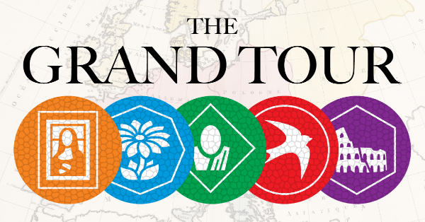 logo for the Grand Tour boardgame with micro mosaic tiles and a map of europe in the background