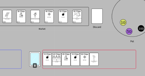 Cards flipping, push your luck, pot, chips, team, co-op, coop, deck building, market