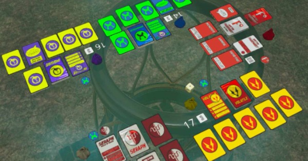 A top-down view of cards with comic book styling on a glass table, rendered in TTP.