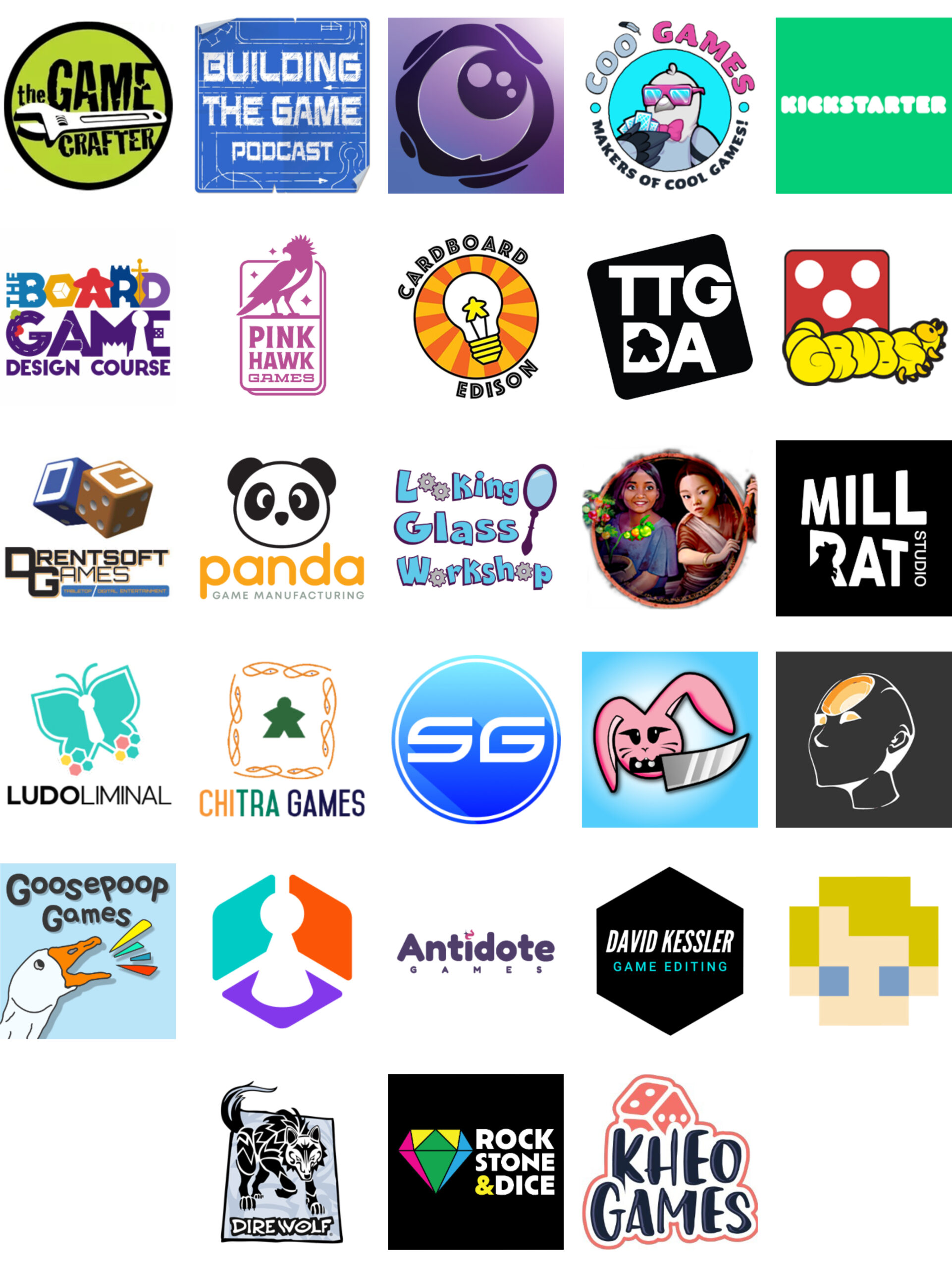 Sponsor logos for January 2025: The Game Crafter, Building the Game Podcast, Lunarpunk Games, Coo Games, Kickstarter, The Board Game Design Course, Pink Hawk Games, Cardboard Edison, TTGDA, GRUBS, Drentsoft Games, Panda Game Manufacturing, Looking Glass Workshop, Rakshasa Games, MILLRAT Studio, Ludoliminal, Chitra Games, Soucy Games, Knife Bunny, Mindgate Studios, Goosepoop Games, Boardssey, Antidote Games, David Kessler Game Editing, Jon Gill, Dire Wolf, Rock, Stone & Diceâ„¢ Games, Kheo Games