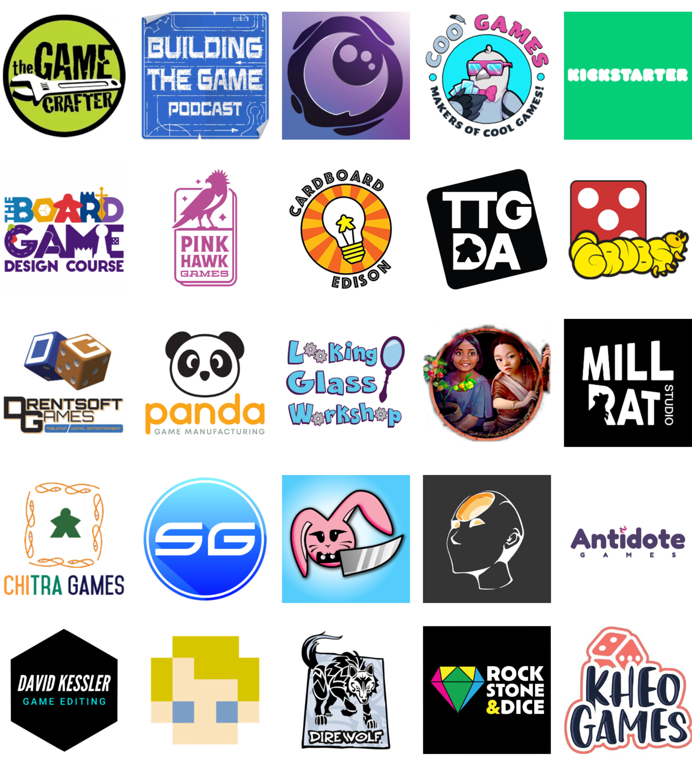Sponsor logos for January 2025: The Game Crafter, Building the Game Podcast, Lunarpunk Games, Coo Games, Kickstarter, The Board Game Design Course, Pink Hawk Games, Cardboard Edison, TTGDA, GRUBS, Drentsoft Games, Panda Game Manufacturing, Looking Glass Workshop, Rakshasa Games, MILLRAT Studio, Chitra Games, Soucy Games, Knife Bunny, Mindgate Studios, Antidote Games, David Kessler Game Editing, Jon Gill, Dire Wolf, Rock, Stone & Dice™ Games, Kheo Games