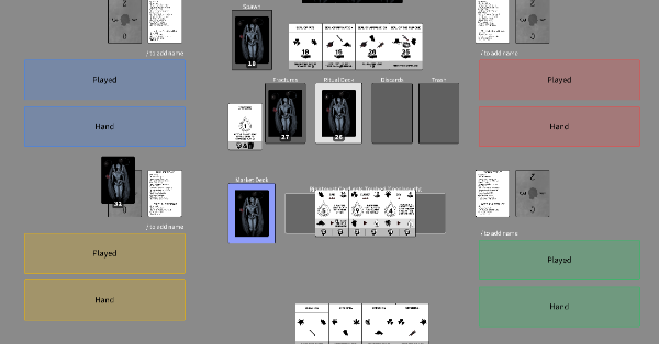 The play area of Rite of the Old One. There are 4 decks that represent the spawn, fractures, draw, and market. Areas for player hands as well.
