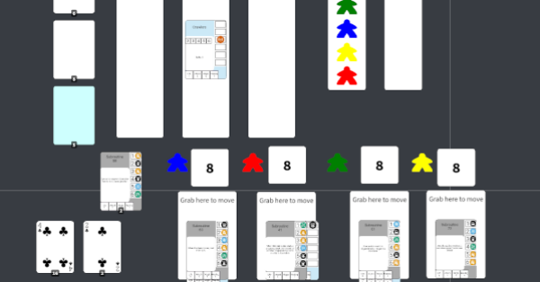 A game with multiple decks of cards, 4 meeples on bottom to signify 4 meeples above. Playing cards to signify actions taken and containers in screentop to hold cards.