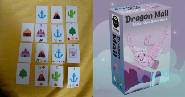 photo of prototype cards for Dragon Mail, and old box cover