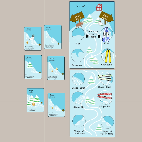 A picture of cards next to a board. The cards each have snowy mountain terrain on them. The board is a picture of a mountain with wooden signposts at the top pointing to the 