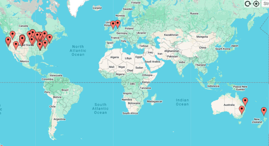 Protospiel Online World Map April 2020 with 47 pins across 6 countries: Australia, Canada, Great Britain, Netherlands, New Zealand, United States