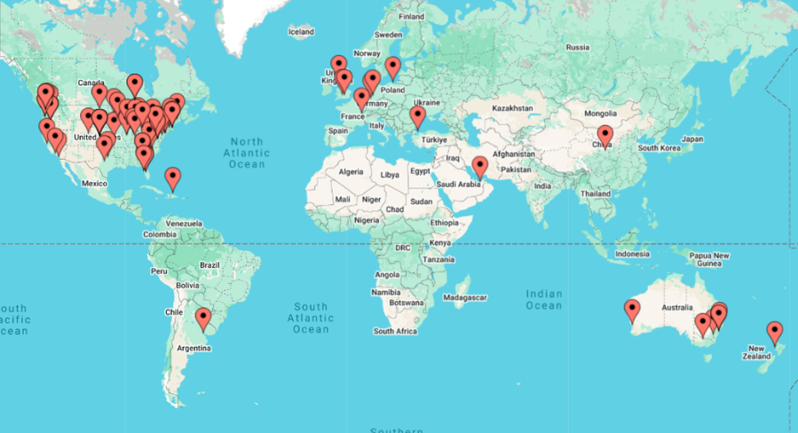 Protospiel Online World Map August 2023 with 89 pins across 13 countries: Argentina, Australia, Canada, China, Dominican Republic, Germany, Great Britain, New Zealand, Poland, Switzerland, Turkey, United Arab Emirates, United States