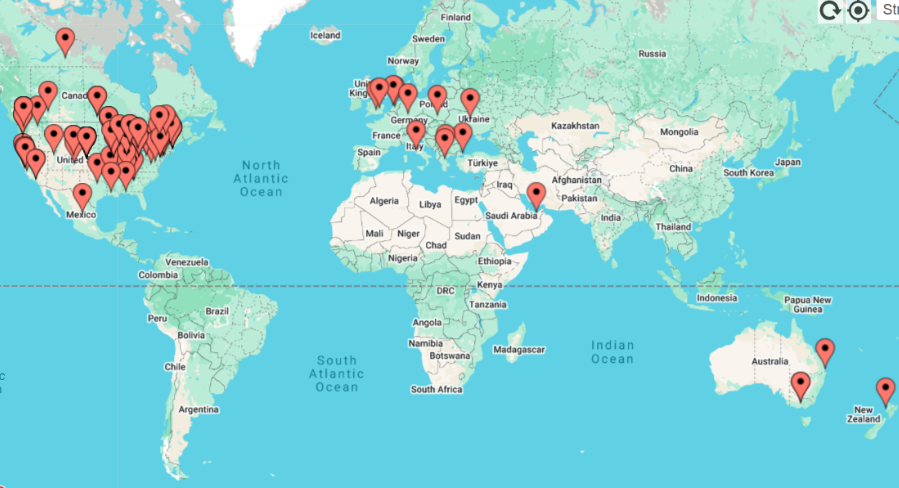 Protospiel Online World Map January 2023 with 98 pins across 14 countries: Australia, Canada, Germany, Great Britain, Greece, Italy, Mexico, Netherlands, New Zealand, Poland, Turkey, Ukraine, United Arab Emirates, United States
