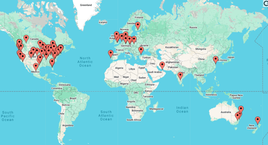 Protospiel Online World Map January 2024 with 85 pins across 16 countries: Australia, Canada, China, Czechia, Finland, Germany, Great Britain, India, Mexico, Netherlands, New Zealand, Poland, Portugal, Turkey, United Arab Emirates, United States