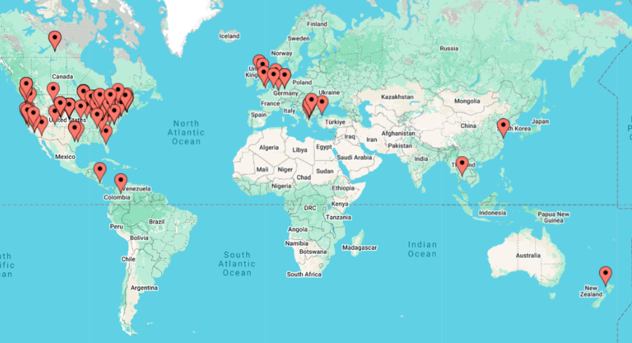 Protospiel Online World Map January 2025 with 109 pins across 14 countries: Belgium, Bulgaria, Canada, China, Colombia, Germany, Great Britain, Netherlands, New Zealand, Philippines, Spain, Thailand, Turkey, United States