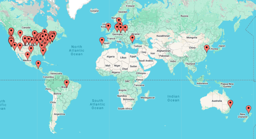 Protospiel Online World Map May 2024 with 99 pins across 14 countries: Australia, Brazil, Canada, China, Czechia, Denmak, Germany, Great Britain, Mexico, New Zealand, Poland, Portugal, Turkey, United States
