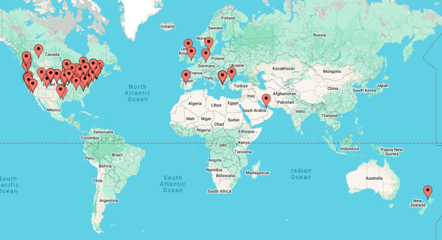 Protospiel Online World Map May 2025 with 89 pins across 10 countries: Canada, Denmark, Germany, Greece, Great Britain, New Zealand, Spain, Turkey, United Arab Emirates, United States