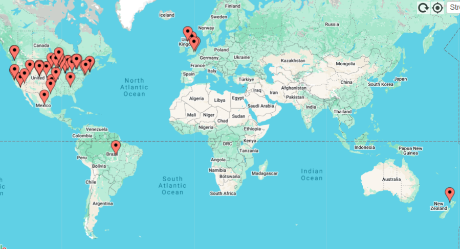 Protospiel Online World Map October 2020 with 48 pins across 6 countries: Brazil, Canada, Great Britain, Mexico, New Zealand, United States