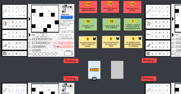 A digital mockup of a four-player word-based tabletop game featuring crossword-style grids, letter pools, and central objective cards for scoring and animal-themed riddles