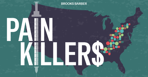 Title card for the game Painkillers, with a silhouette of the United States in the background, and a grouping of pills making up the Appalachian mountains.