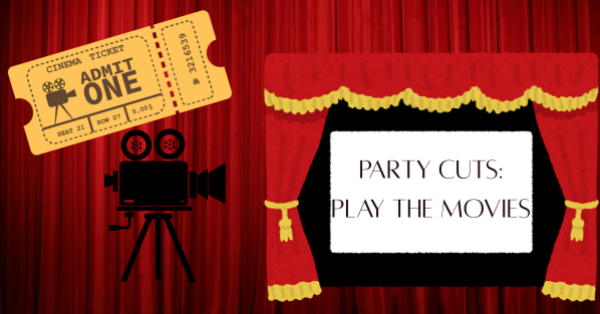 A movie ticket, film projector, and movie screen on a red backdrop. The movie screen has the words 