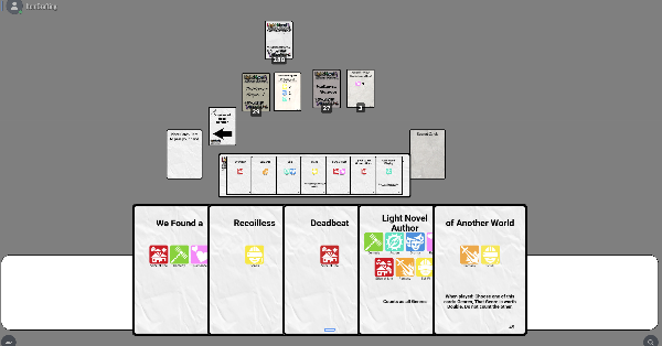 Light Novel Name game, showing one player's hand and the scoring cards on the table.