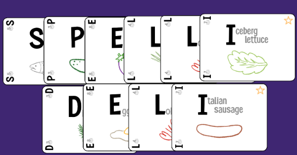A set of cards with ingredients on them, spelling out the word 